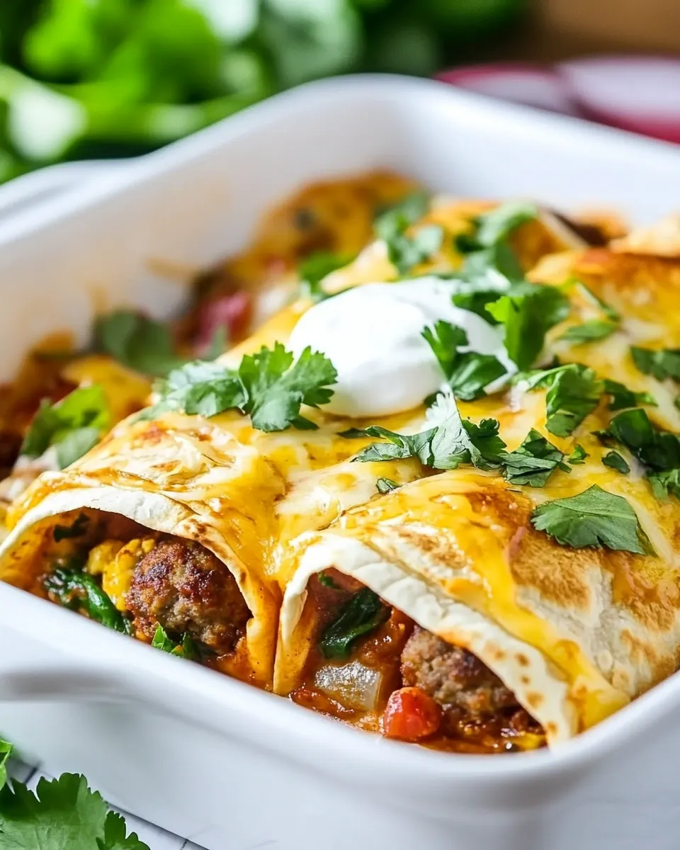 Delicious Spicy Sausage Breakfast Enchiladas shot