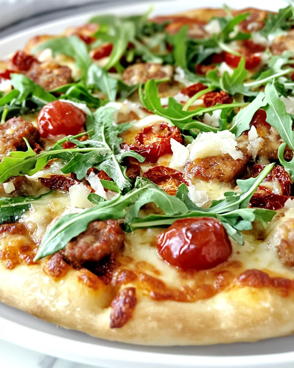 Homemade Spicy Sausage, Sun Dried Tomato, and Arugula Pizza photo