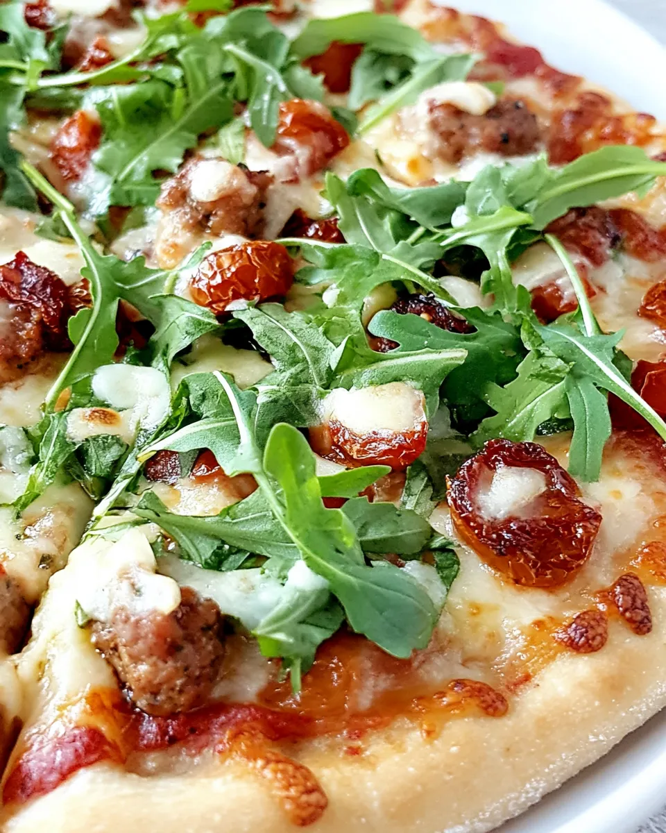 Delicious Spicy Sausage, Sun Dried Tomato, and Arugula Pizza image