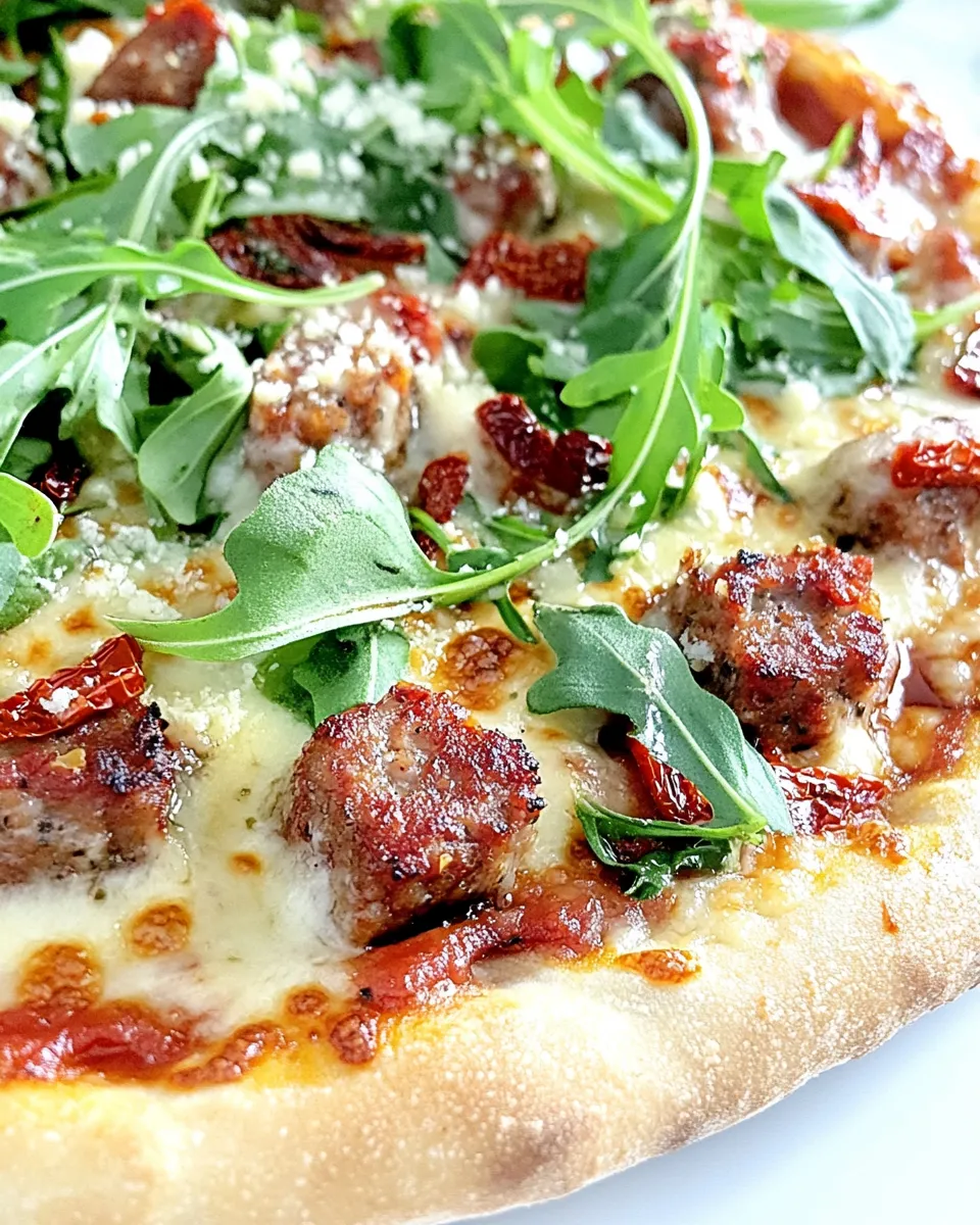 Tasty Spicy Sausage, Sun Dried Tomato, and Arugula Pizza shot