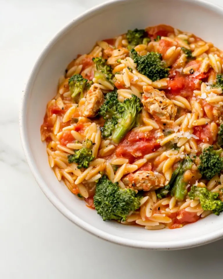 Homemade Tomato Orzo with Chicken Sausage and Broccoli photo