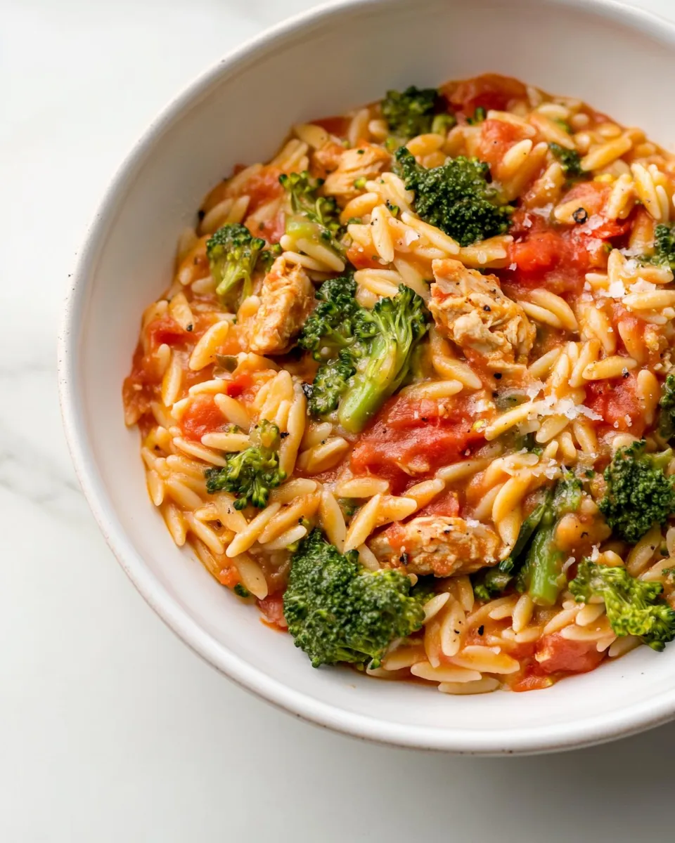 Homemade Tomato Orzo with Chicken Sausage and Broccoli photo
