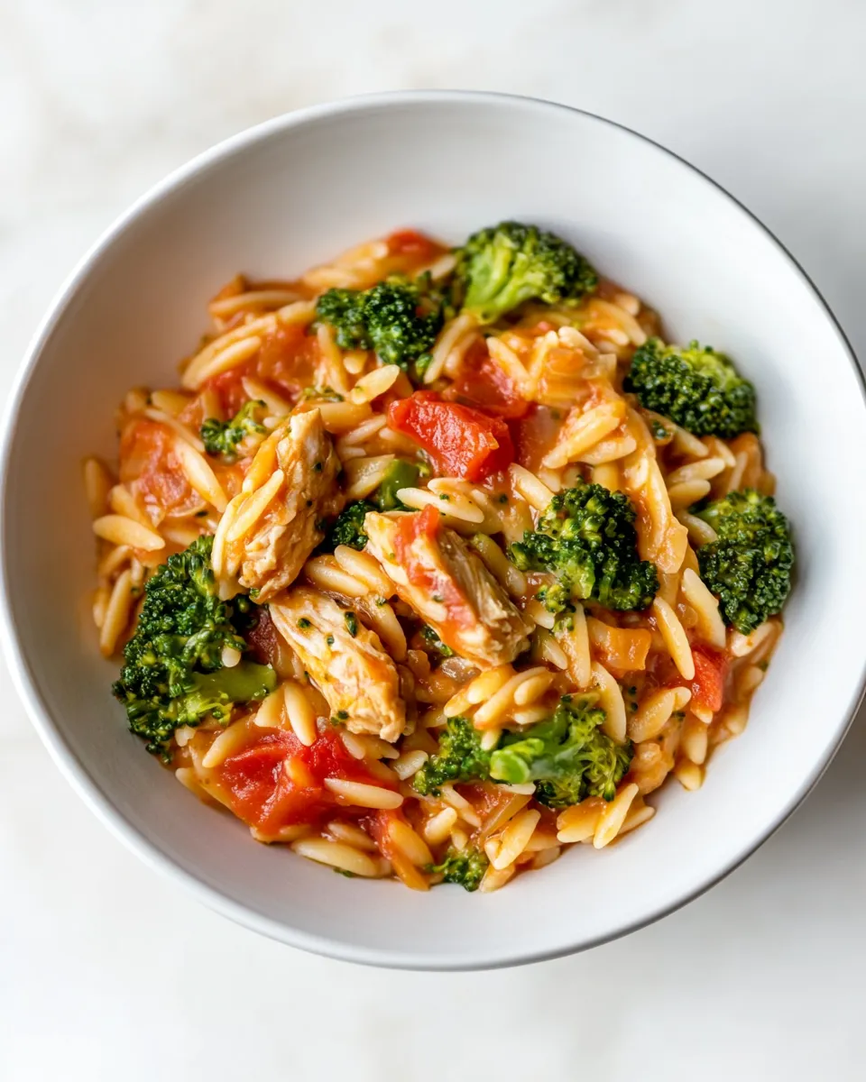 Delicious Tomato Orzo with Chicken Sausage and Broccoli shot