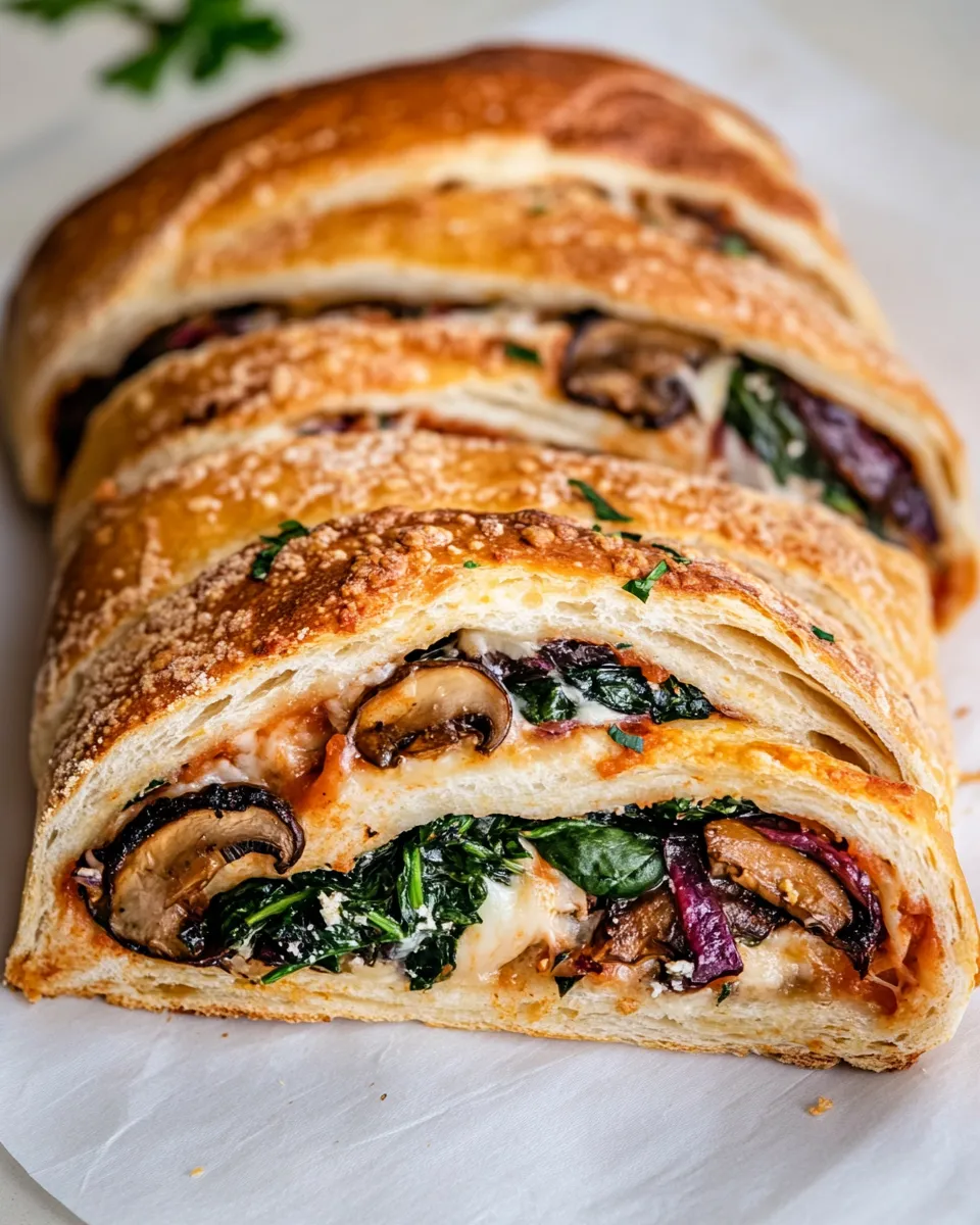 Delicious Veggie Stromboli with Mushroom, Spinach and Mozzarella shot