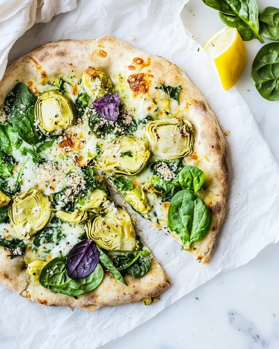 Healthy Whole Wheat Spinach and Artichoke Pizza . food shot